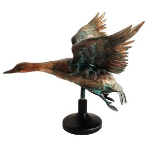 63.5cm Aged Copper/Verdigris Finish 3D Flying Goose Statue On Heavy Metal Base