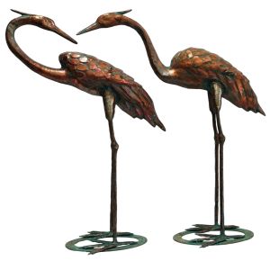 77.5cm. Aged Copper/Verdigris Finish 3D Pair of Cranes Statues On Heavy Metal Base