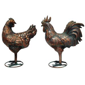 48cm - Pair of Aged Copper/Verdigris Finish 3D Rooster/Hen Statues On Heavy Metal Base