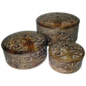 Mango Wood Tree Of Life Design Round Trinket Boxes - Set/3