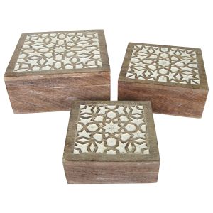 Mango Wood Set Of 3 Square Boxes - Burnt White Finish