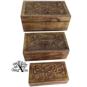 Mango Wood Flower Oblong Boxes - Set of 3