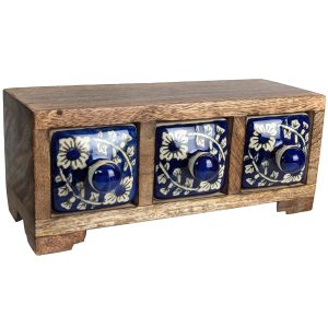 Ceramic 3 Drawer Almirah Mango Wood - Horizontal Dark Blue - 20.5cm