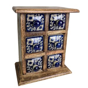 Ceramic 6 Drawer Almirah Mango Wood - Dark Blue - 20.5cm
