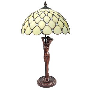 Cream Jewelled Tiffany Lamp With Lady Base 53cm With 30 Dia  + Free Bulb