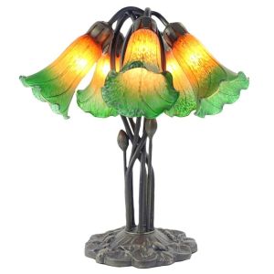 5 Shade Pond Lily Lamp - Amber/Green - 43cm + Free Bulbs