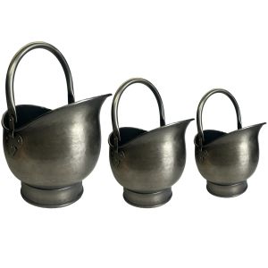 Set of 3 Round Coal Buckets - Antique Pewter Finish 44cm